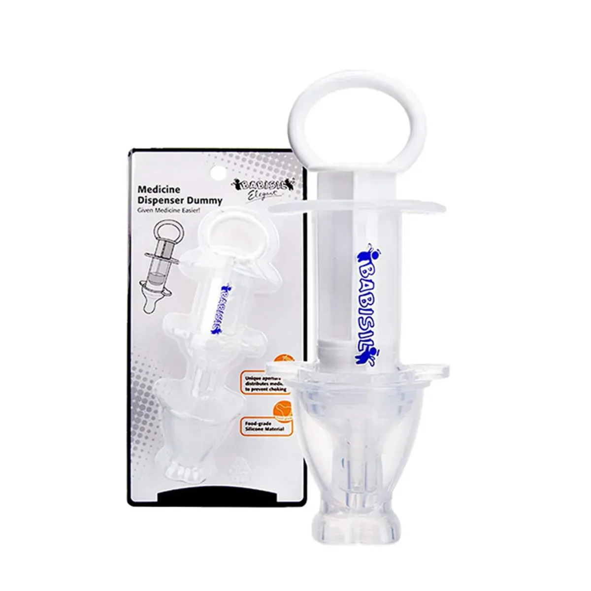 سرنگ داروخوری بی بی سیل Medicine Dispenser Dummy کنار بسته‌بندی، با دسته‌ی حلقه‌ای و سرپستانک شفاف