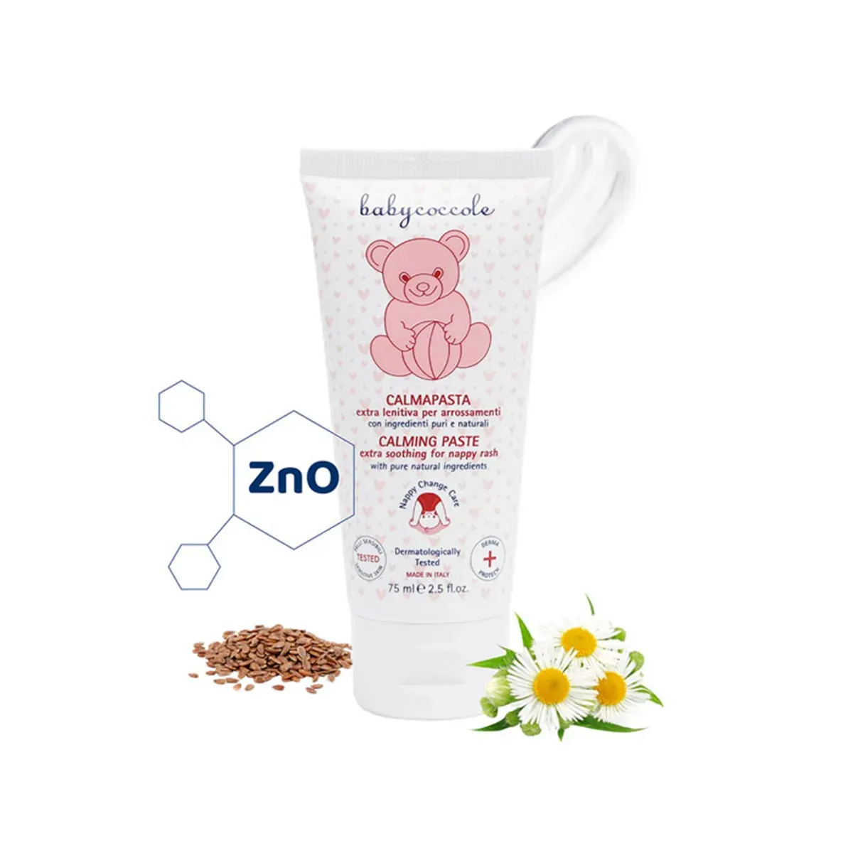 تیوب کرم Calming Paste بی بی کوکول 75 میلی‌لیتر با نشانه‌ی ZnO، دانه‌ی کتان، بابونه و لکه‌ی کرم در پس‌زمینه