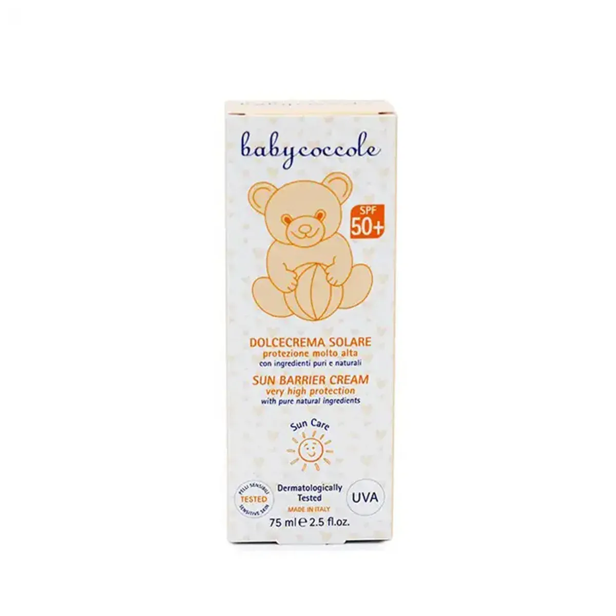 جعبه‌ی کرم ضدآفتاب Dolcecrema Solare بی‌بی‌کوکول SPF 50+ ظرفیت 75 میلی‌لیتر، نمای روبه‌رو