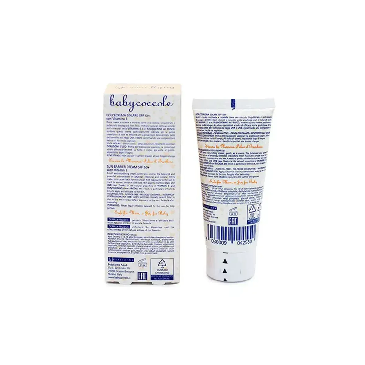 پشت جعبه و تیوب کرم ضدآفتاب Dolcecrema Solare بی‌بی‌کوکول با متن توضیحات و فهرست اجزا
