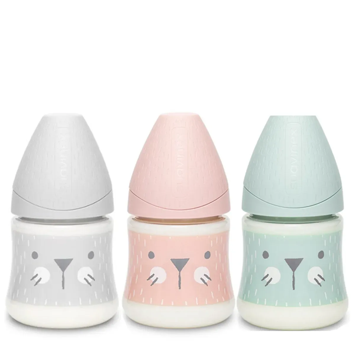 سه شیشه شیر پلی‌آمید 150 میلی‌لیتری سوآوینکس Hygge Baby با طرح صورت حیوان در رنگ‌های طوسی، هلویی و سبز