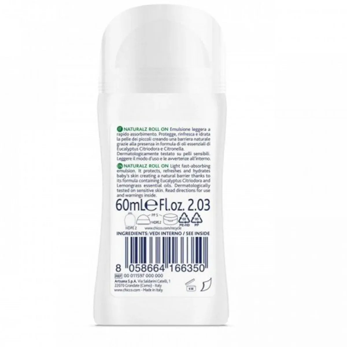 پشت بطری رول NaturalZ چیکو 60 میلی‌لیتر با توضیحات ایتالیایی و انگلیسی، نمای پشت