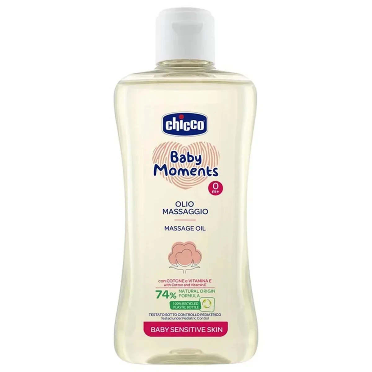 روغن ماساژ نوزاد چیکو Baby Moments ظرفیت 200 میلی‌لیتر، بطری شفاف با درپوش سفید، نمای روبه‌رو