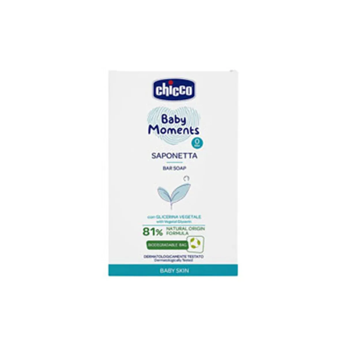 جعبه‌ی صابون Baby Moments چیکو با گلیسیرین گیاهی و نشان 81 درصد مواد طبیعی، نمای روبه‌رو