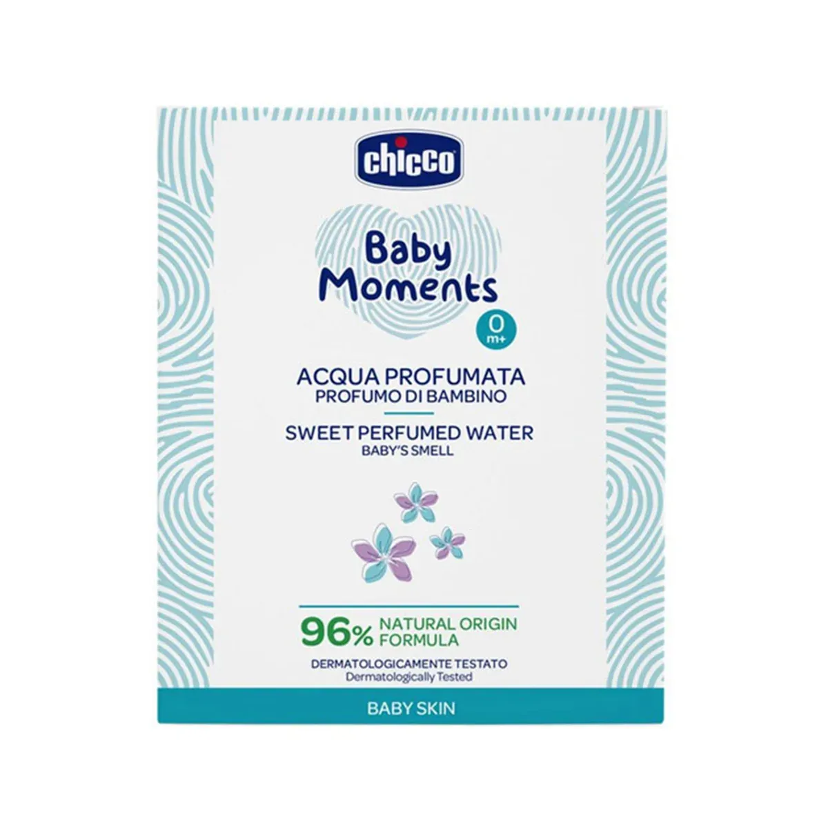 جعبه‌ی آب‌عطر نوزاد چیکو Baby Moments با طرح اثر انگشت و گل‌های آبی و بنفش، نمای روبه‌رو