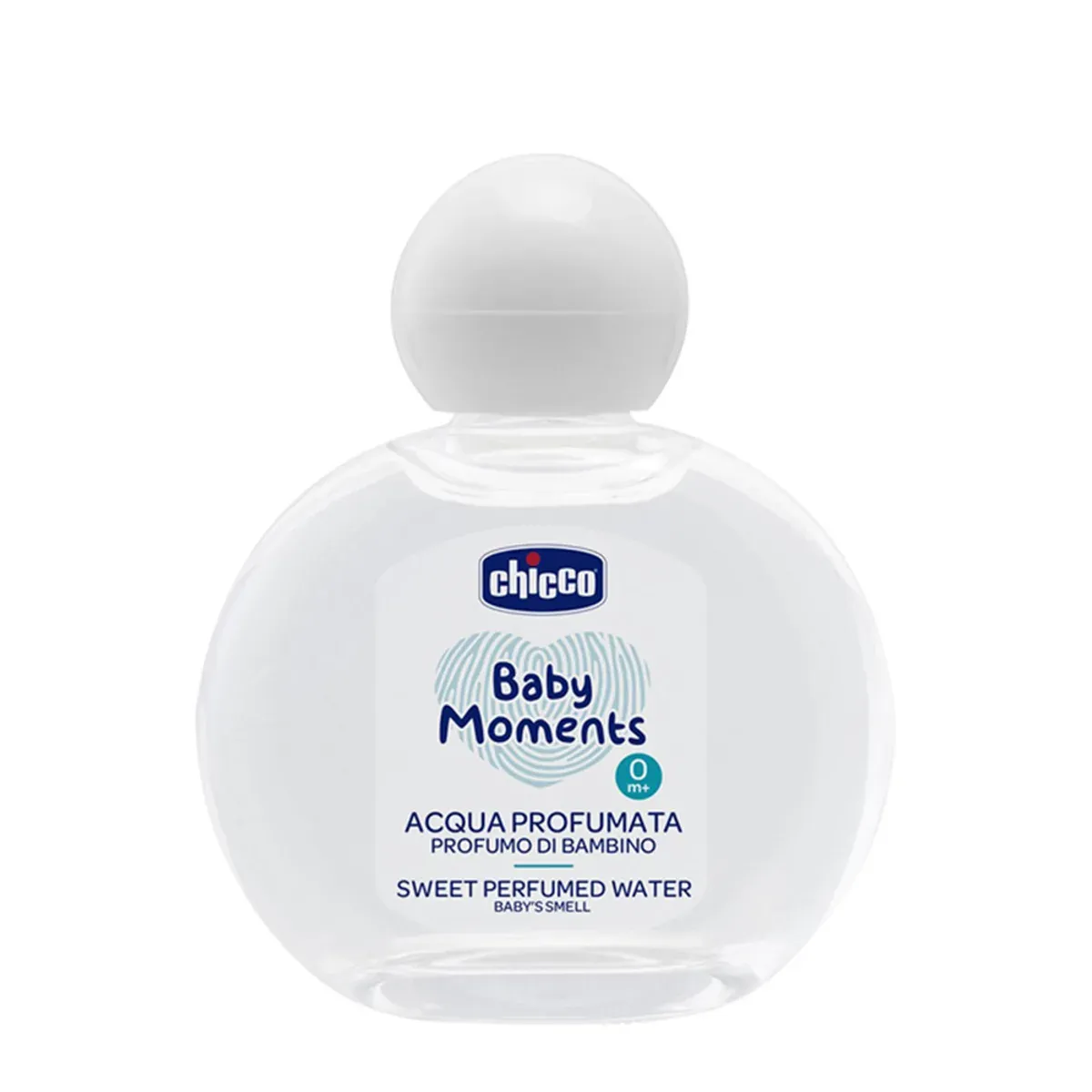 بطری شیشه‌ای گرد آب‌عطر چیکو Baby Moments با درپوش گرد سفید، نمای روبه‌رو