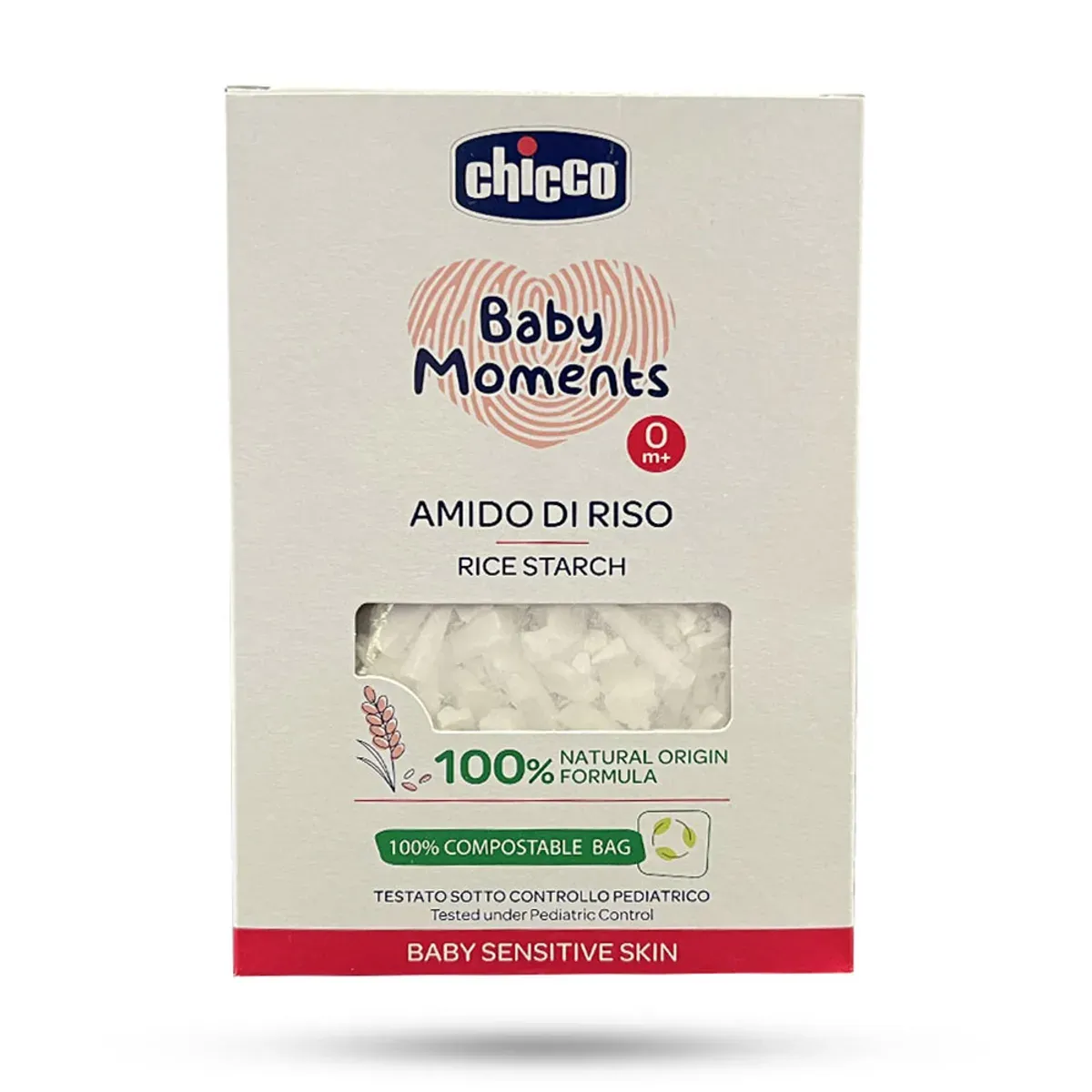 جعبه‌ی نشاسته‌ی برنج چیکو Baby Moments بسته‌ی 250 گرمی با پنجره‌ی شفاف، نمای روبه‌رو