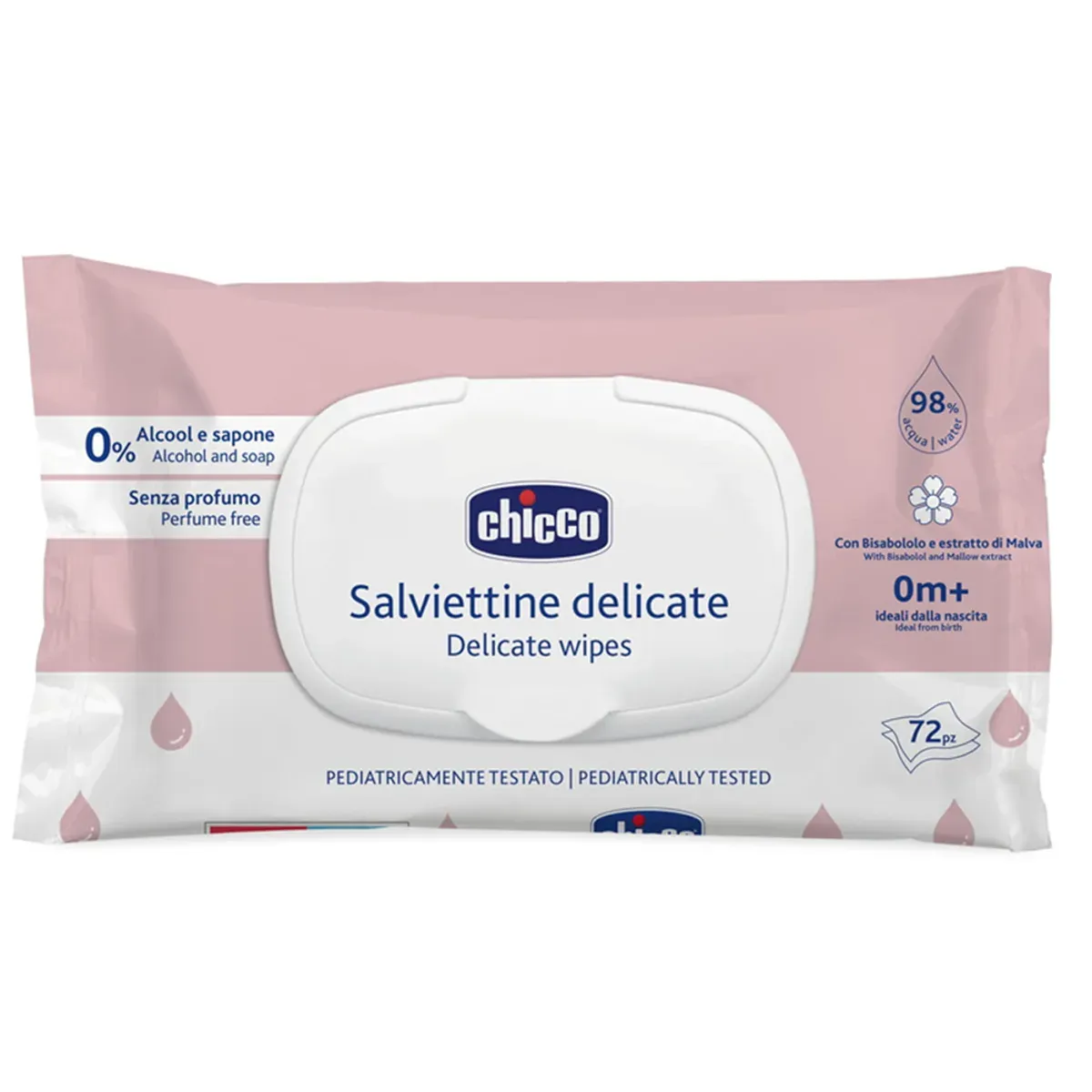 بستهی 72 عددی دستمال مرطوب Delicate Wipes چیکو با درپوش سفید و بستهی صورتی، نمای روبهرو