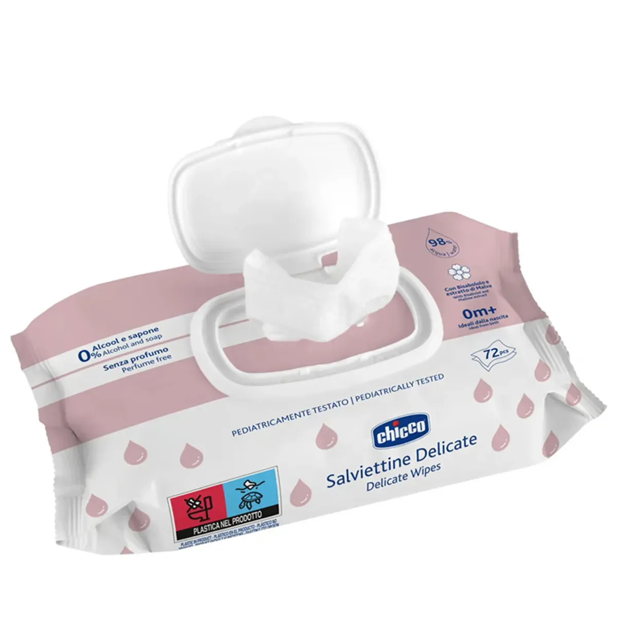 بسته‌ی دستمال مرطوب Delicate Wipes چیکو با درپوش باز و یک دستمال بیرون آمده، نمای مورب