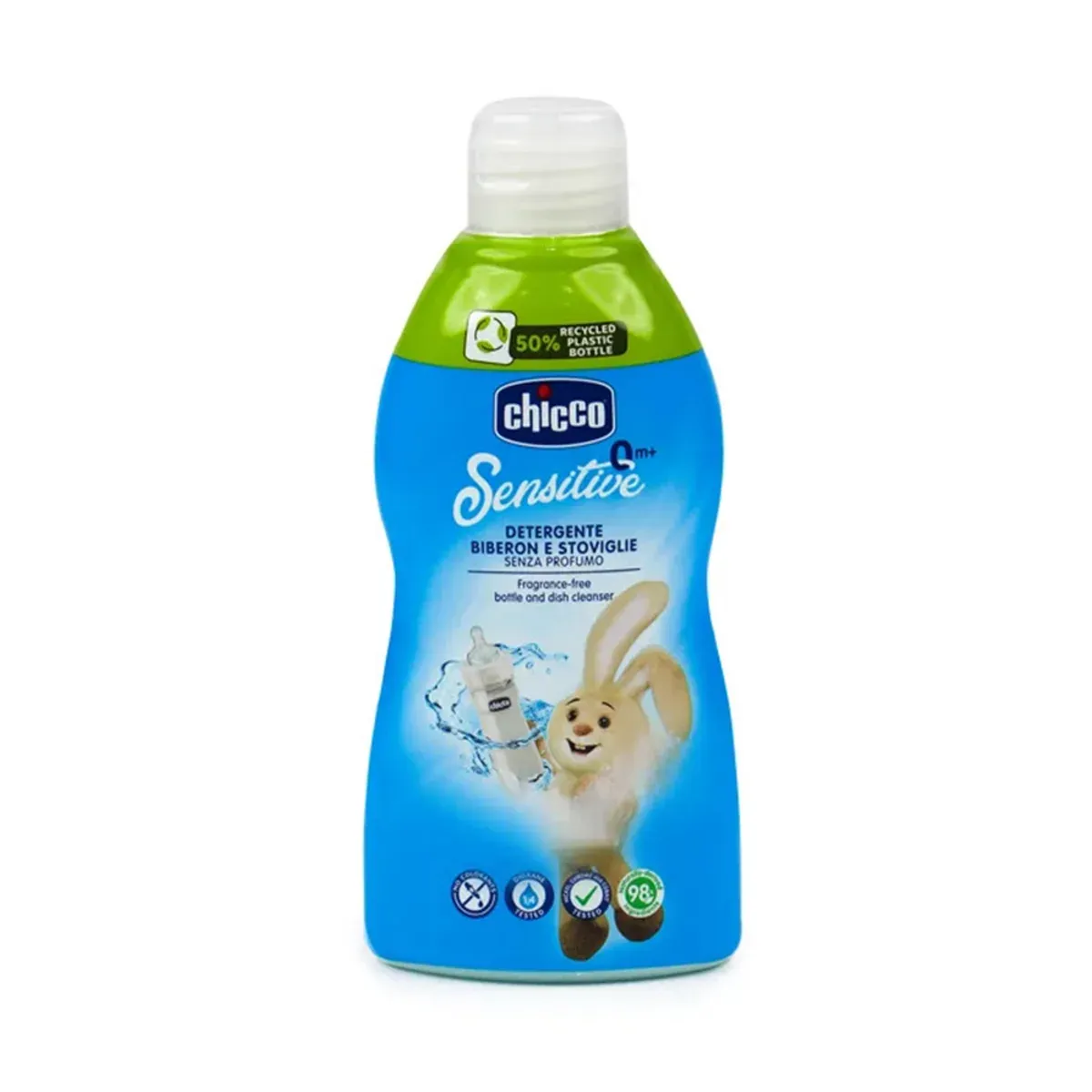 بطری مایع شوینده‌ی شیشه شیر و ظروف چیکو مدل Sensitive ظرفیت 300 میلی‌لیتر با تصویر خرگوش روی برچسب