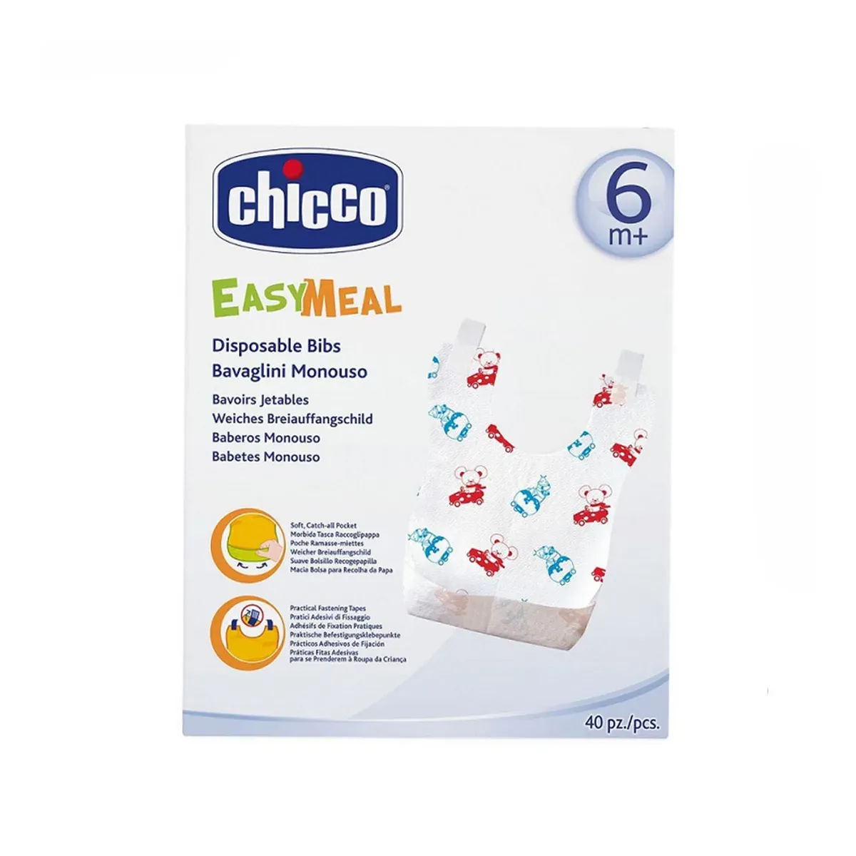 جعبه‌ی پیشبند یک‌بار مصرف چیکو Easy Meal 6 ماه به بالا بسته‌ی 40 عددی با پیشبند طرح خرس