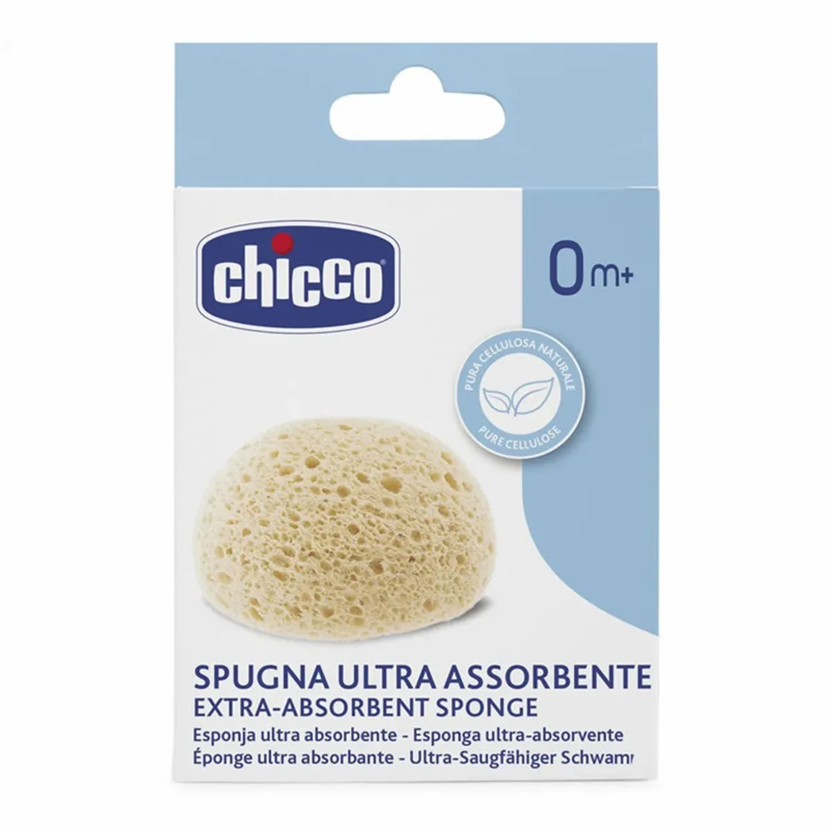 جعبهی اسفنج حمام چیکو Extra Absorbent با برچسب 0 ماه+ و نشان سلولز طبیعی، نمای روبهرو