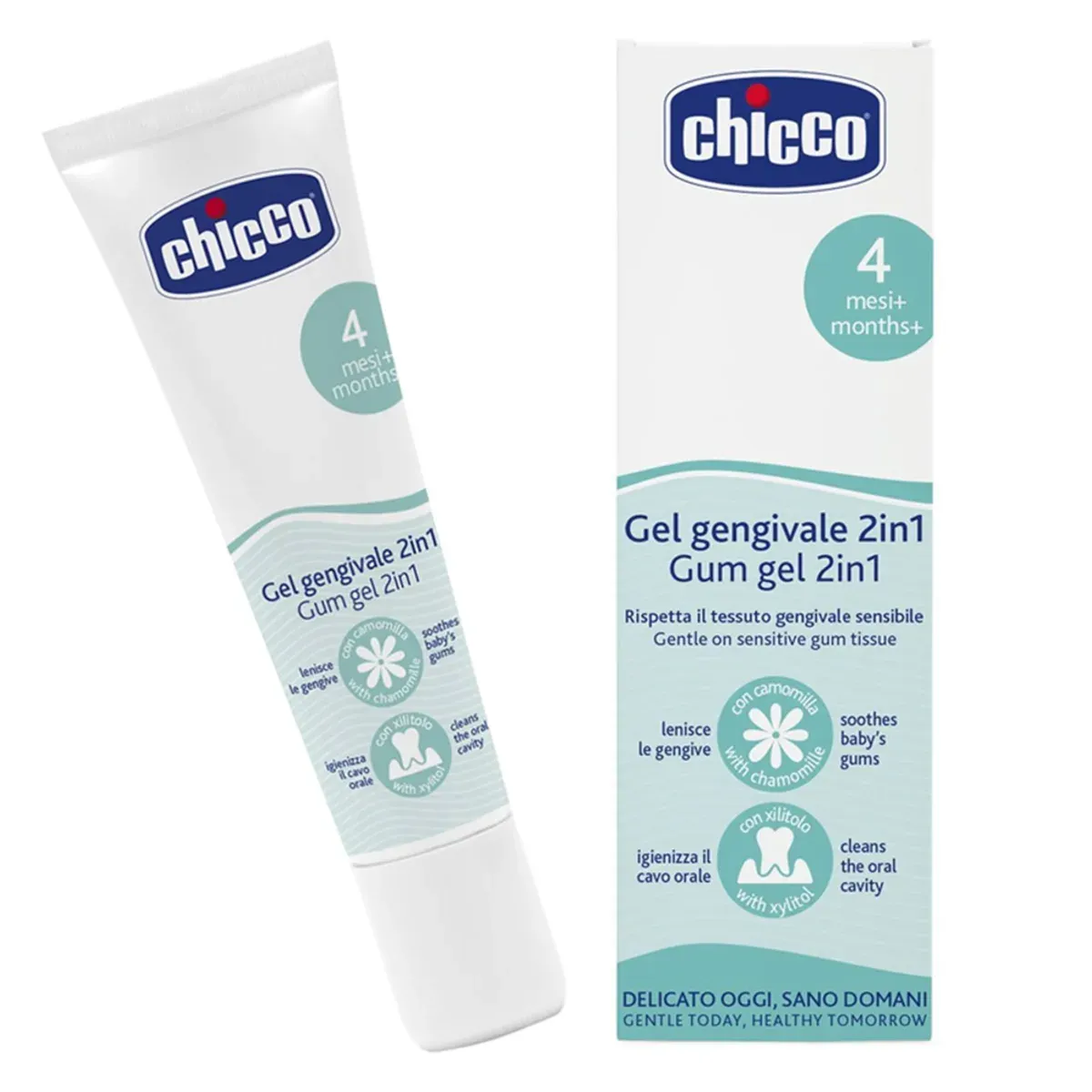 تیوب و جعبه‌ی ژل لثه‌ی چیکو Gum Gel 2in1 با برچسب 4 ماه+ و نشان بابونه و گزیلیتول