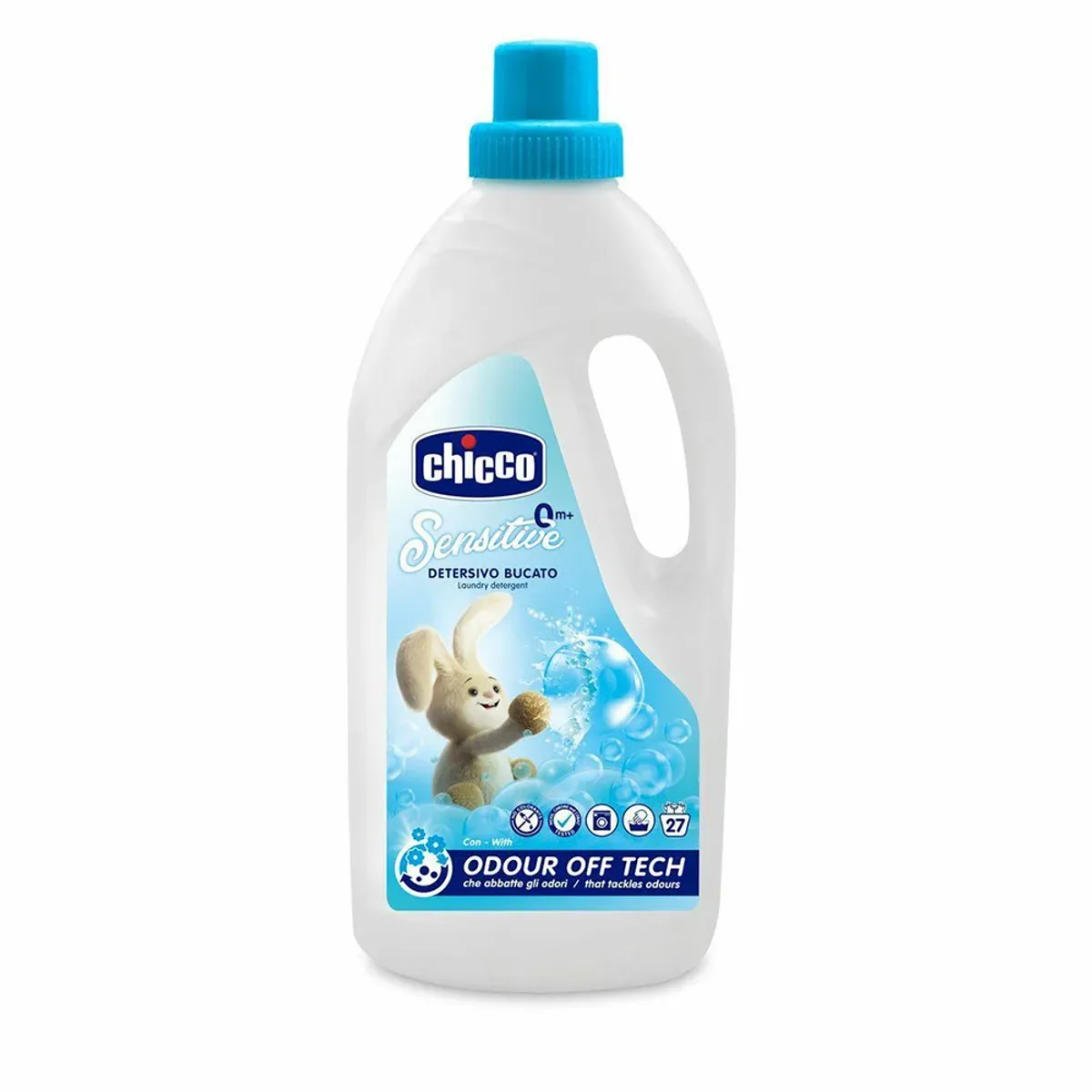 بطری مایع لباس‌شویی چیکو Sensitive 1.5 لیتری با درپوش آبی و طرح خرگوش، نمای روبه‌رو