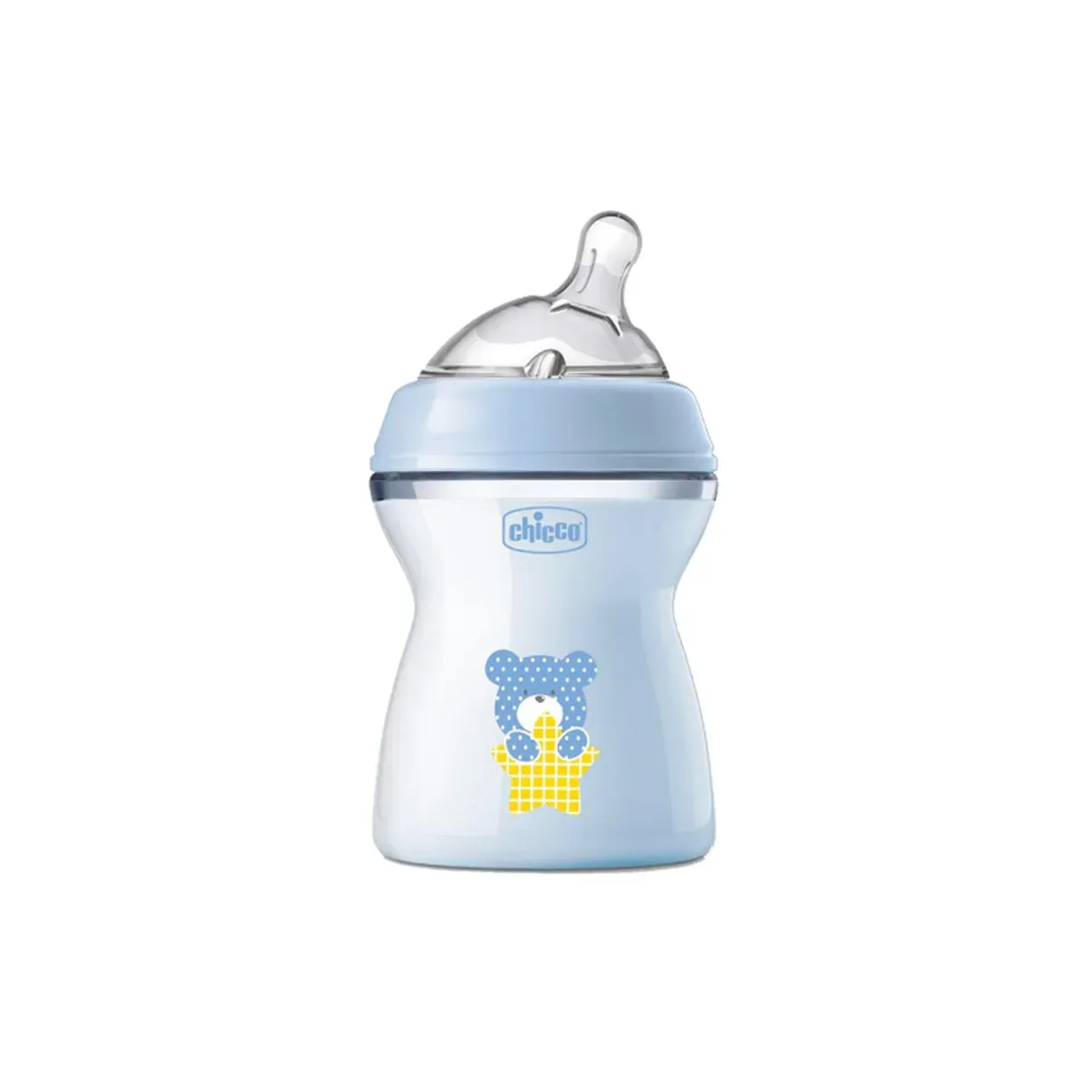 شیشه شیر چیکو NaturalFeeling 250 میلی‌لیتر آبی با طرح خرس و ستاره، نمای روبه‌رو