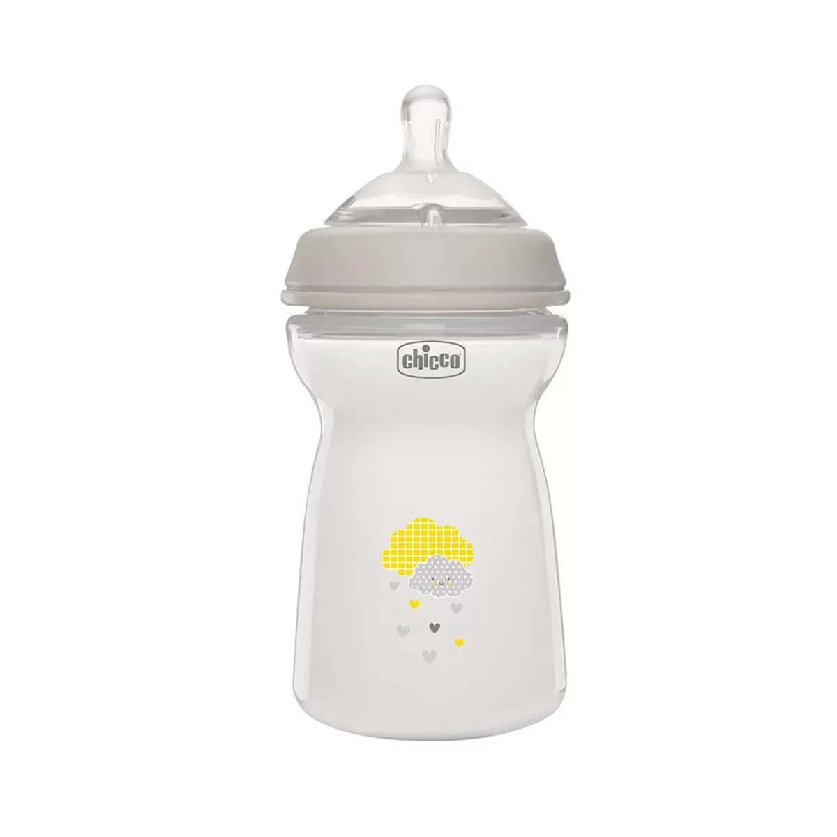 شیشه شیر چیکو NaturalFeeling ظرفیت 330 میلی‌لیتر رنگ خاکستری روشن با طرح ابر و قلب