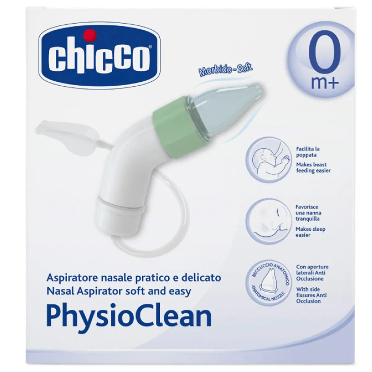 جعبه‌ی پوآر بینی چیکو PhysioClean Soft and Easy با برچسب 0 ماه+ و شکل دستگاه با سر سبز و آبی