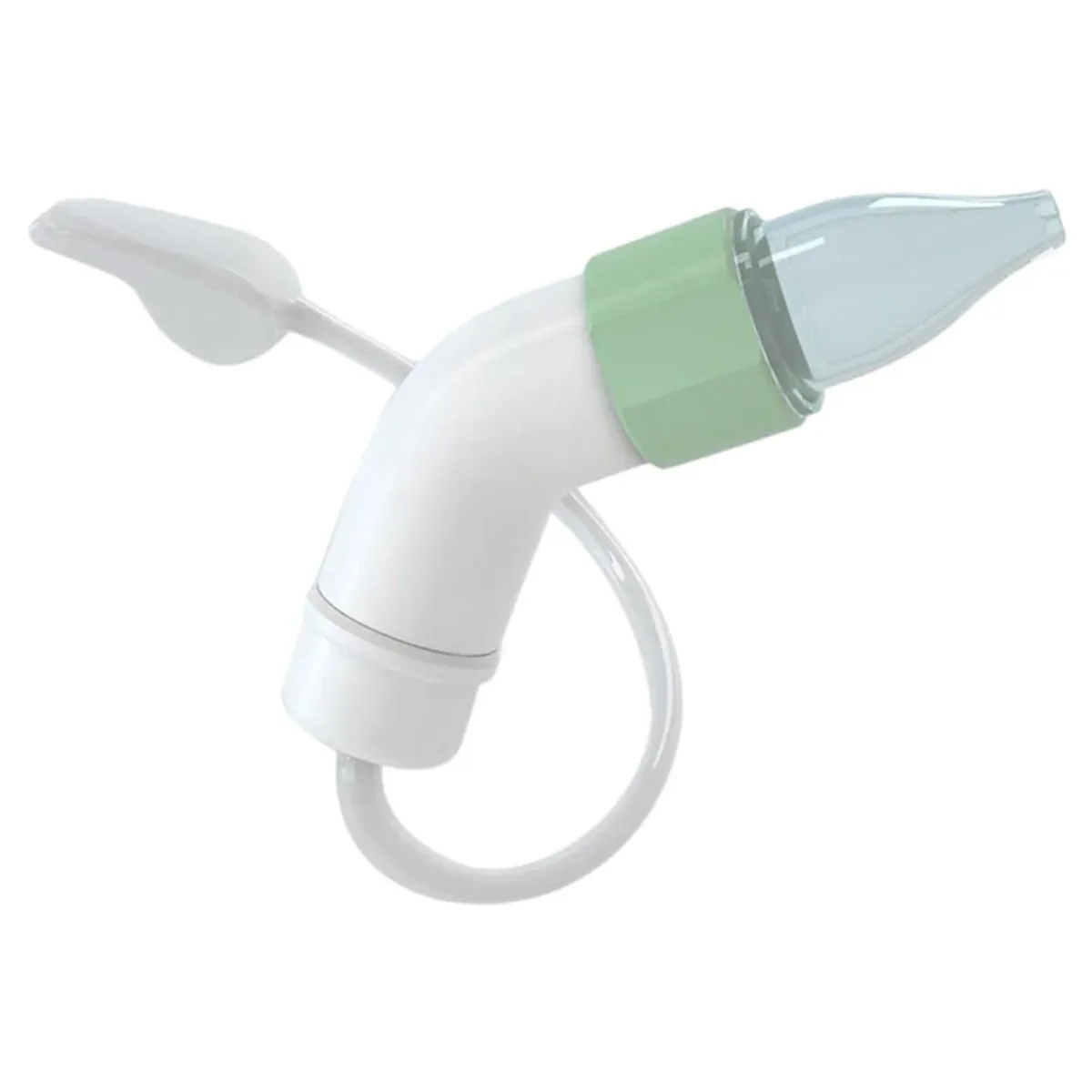 پوآر بینی چیکو PhysioClean با بدنه‌ی سفید خمیده، حلقه‌ی سبز، سر آبی نرم و لوله‌ی مکش