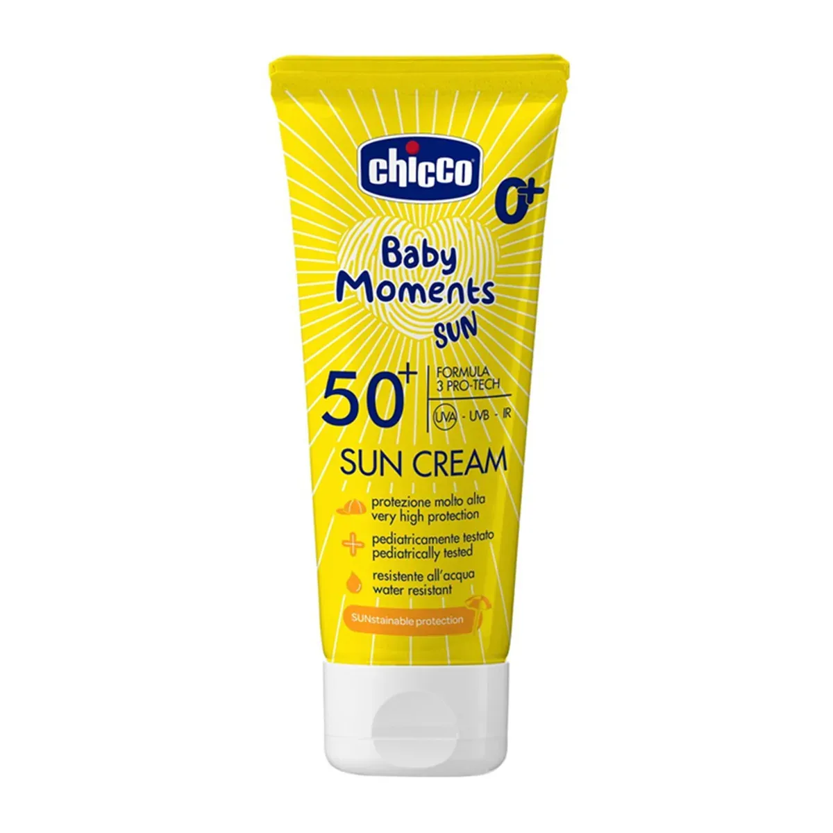تیوب زرد کرم ضدآفتاب چیکو Baby Moments Sun با SPF 50+ و ظرفیت 75 میلی‌لیتر، نمای روبه‌رو