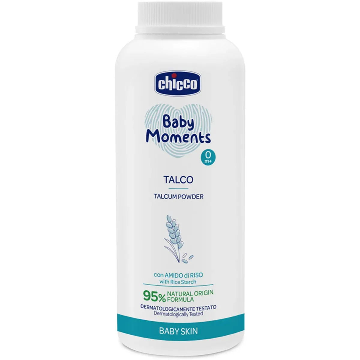 پودر تالک نوزاد چیکو Baby Moments 150 گرم، بطری سفید با برچسب نشاسته برنج، نمای روبه‌رو