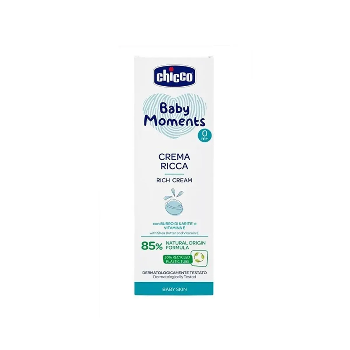 جعبه‌ی کرم Crema Ricca چیکو Baby Moments با کره‌ی شیا و ویتامین E و نشان 85 درصد مواد طبیعی