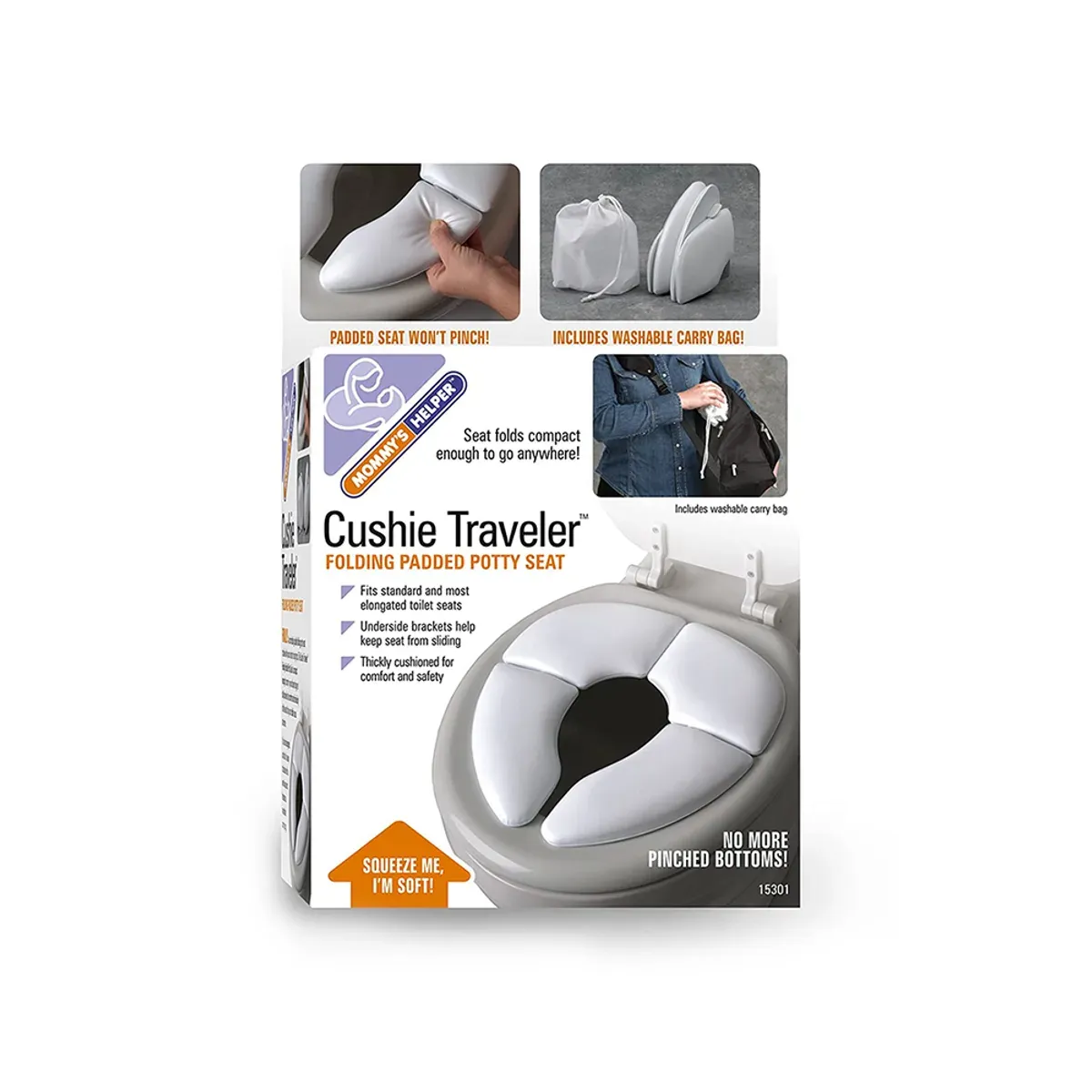 جعبه‌ی تبدیل توالت‌فرنگی تاشوی Cushie Traveler مامیز هلپر با کیف حمل و نوشته‌های ویژگی‌ها