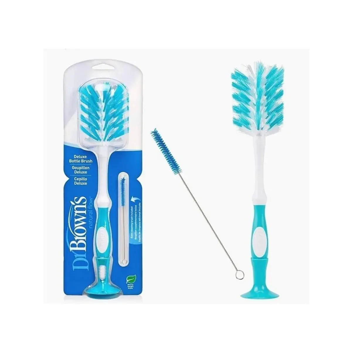 کارت بسته‌بندی برس شیشه شیر Deluxe دکتر براونز با برس کوچک و برس بدون بسته در کنار آن