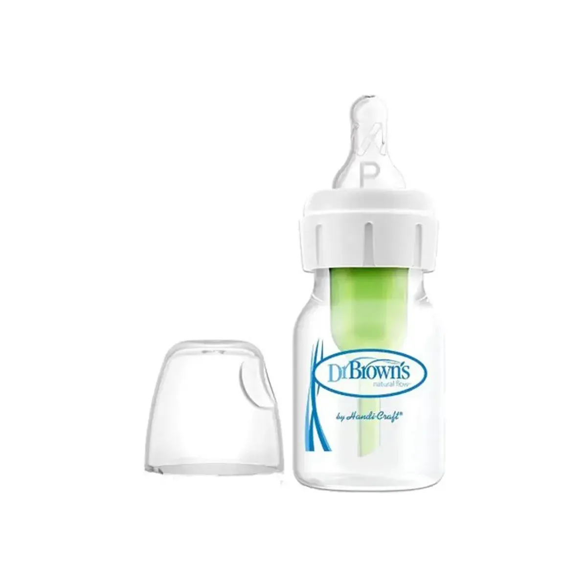 شیشه شیر باریک دکتر براونز Options+ ظرفیت 60 میلی‌لیتر با سرشیشه‌ی Preemie و درپوش شفاف کنارش