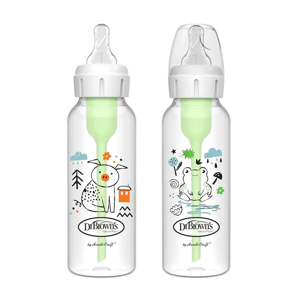 دو شیشه شیر Options+ Narrow دکتر براونز 250 میلی‌لیتر با طرح خوک و قورباغه، یکی با درپوش