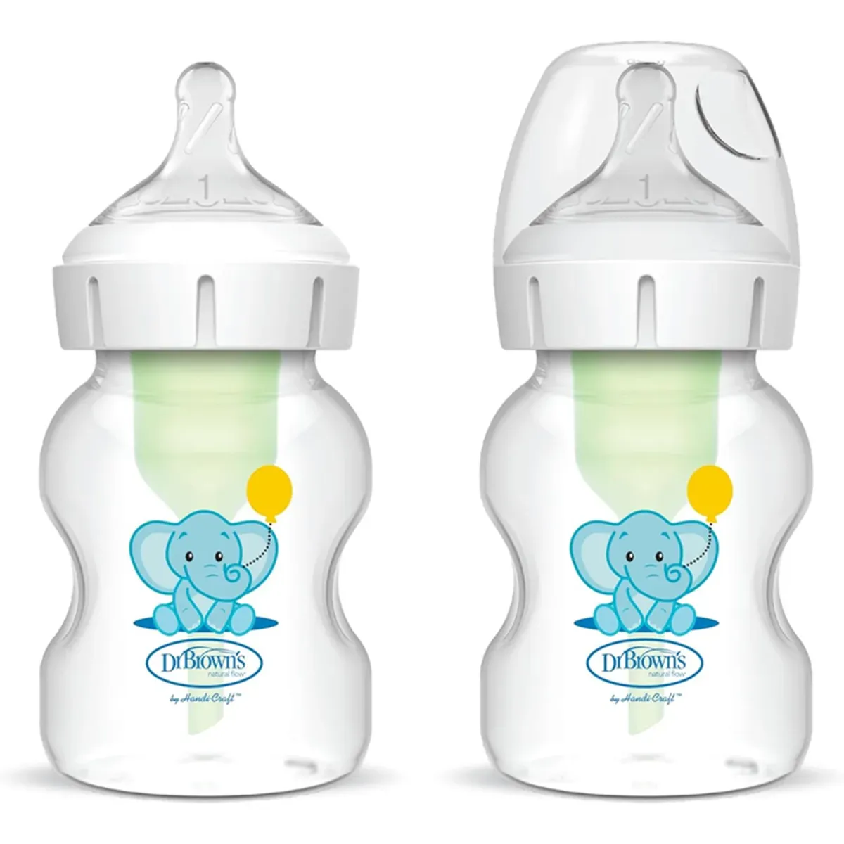 دو شیشه شیر دهانهپهن Options+ دکتر براونز 150 میلیلیتر با طرح فیل آبی و بادکنک زرد، یکی با درپوش