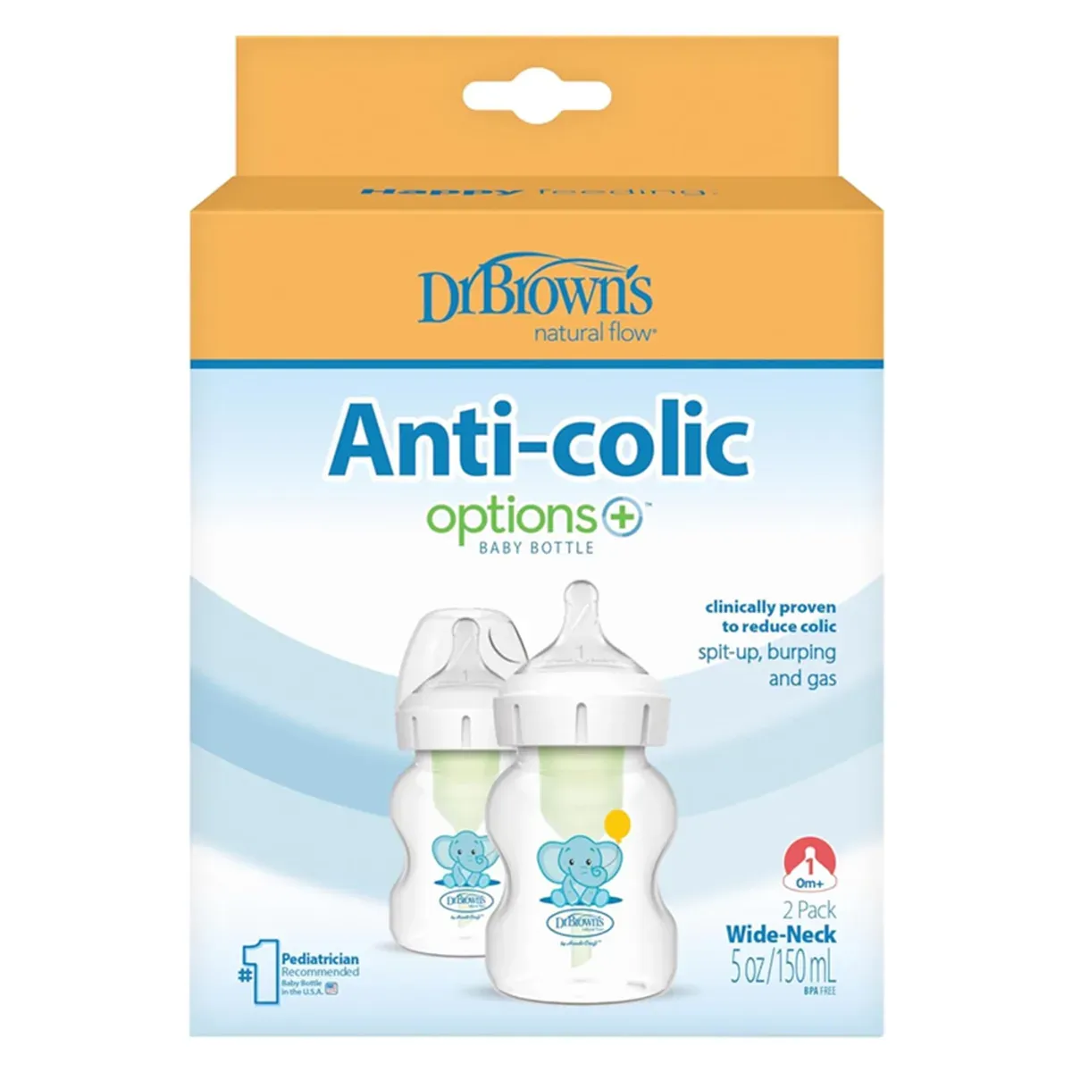 جعبه‌ی بسته‌ی 2 عددی شیشه شیر Options+ Wide-Neck دکتر براونز 150 میلی‌لیتر با طرح فیل، نمای روبه‌رو