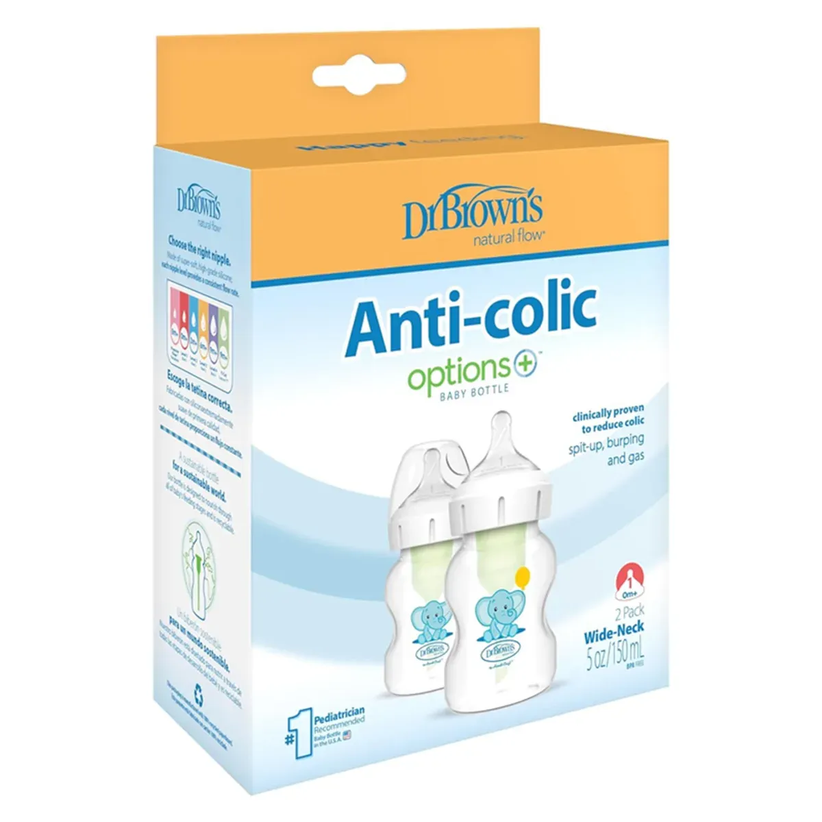 جعبه‌ی شیشه شیر Options+ Wide-Neck دکتر براونز 150 میلی‌لیتر از نمای کنار با راهنمای سطح سرشیشه