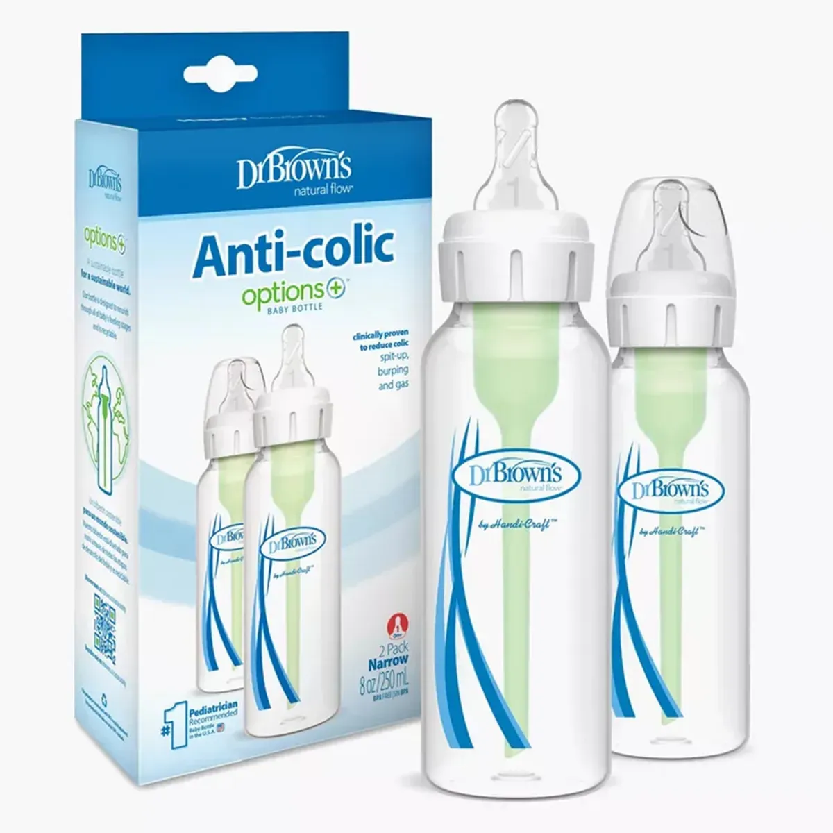 جعبه و دو شیشه شیر Options+ Narrow دکتر براونز 250 میلی‌لیتر، یکی با درپوش و یکی بدون آن