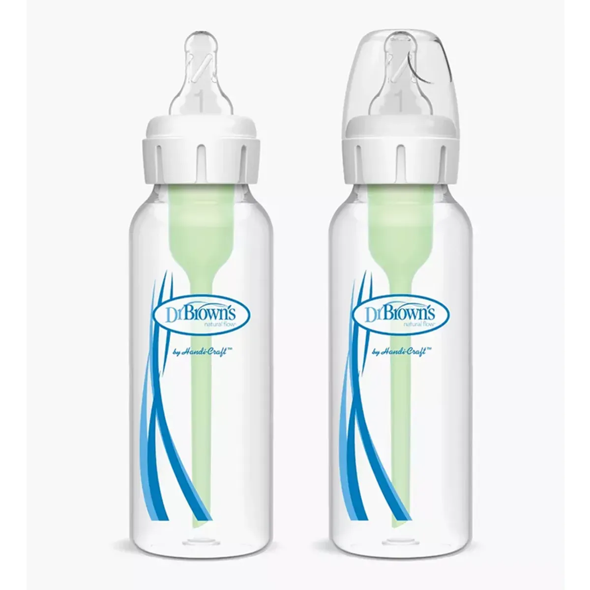 دو شیشه شیر Options+ Narrow دکتر براونز 250 میلی‌لیتر با لوله‌ی تهویه‌ی سبز و سرشیشه‌ی سطح 1