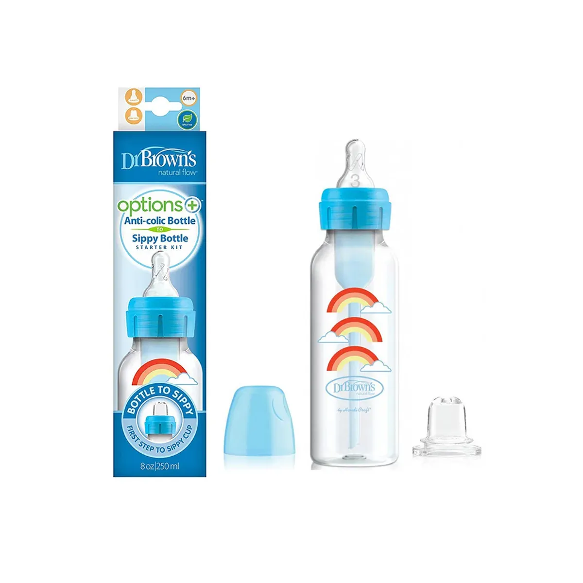 جعبه و شیشه شیر آبی کیت لیوان آموزشی دکتر براونز Options+ 250 میلی‌لیتر با طرح رنگین‌کمان، درپوش و نوک