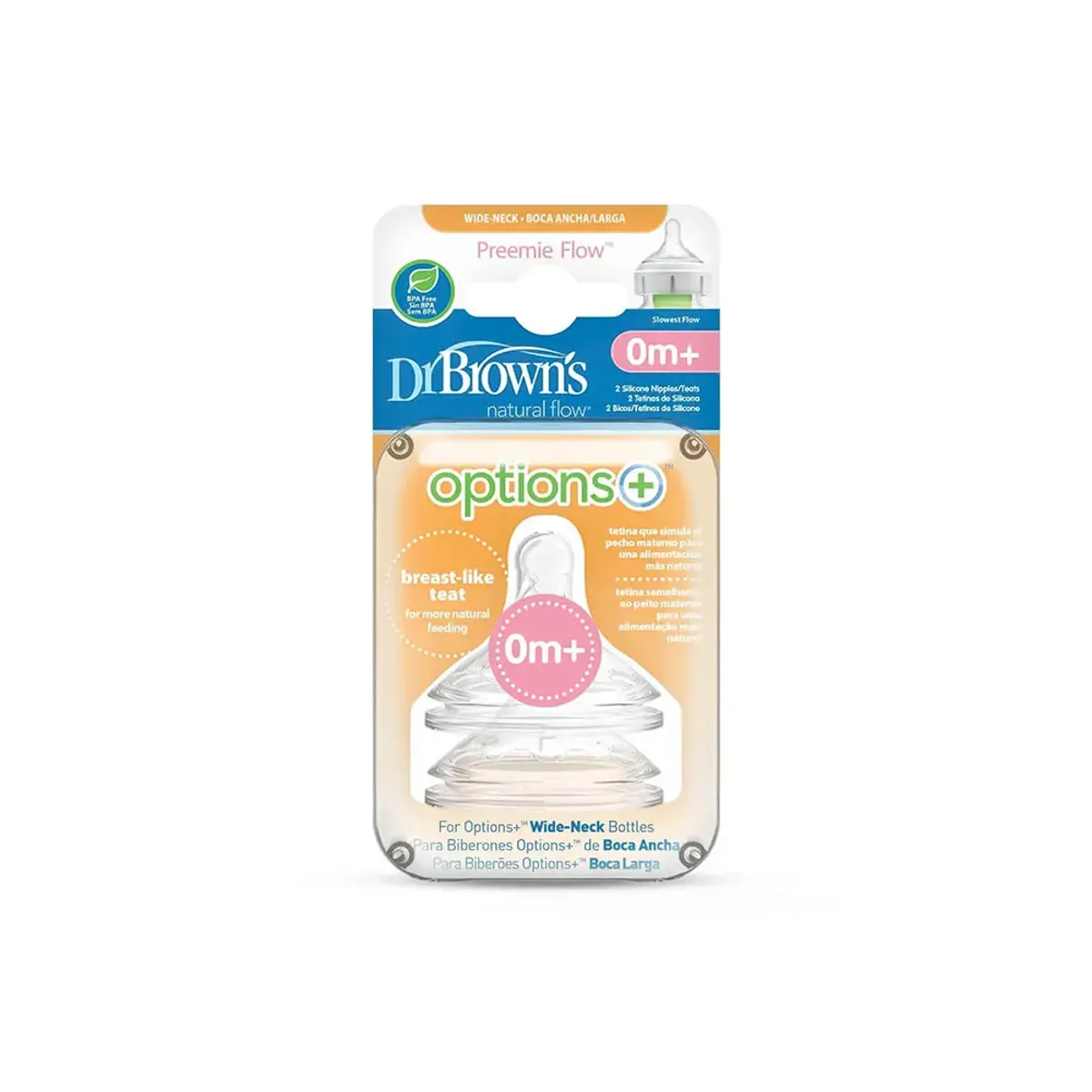 بسته‌ی دو عددی سرشیشه‌ی دهانه‌پهن دکتر براونز Options+ مدل Preemie Flow برای 0 ماه به بالا در بلیستر نارنجی