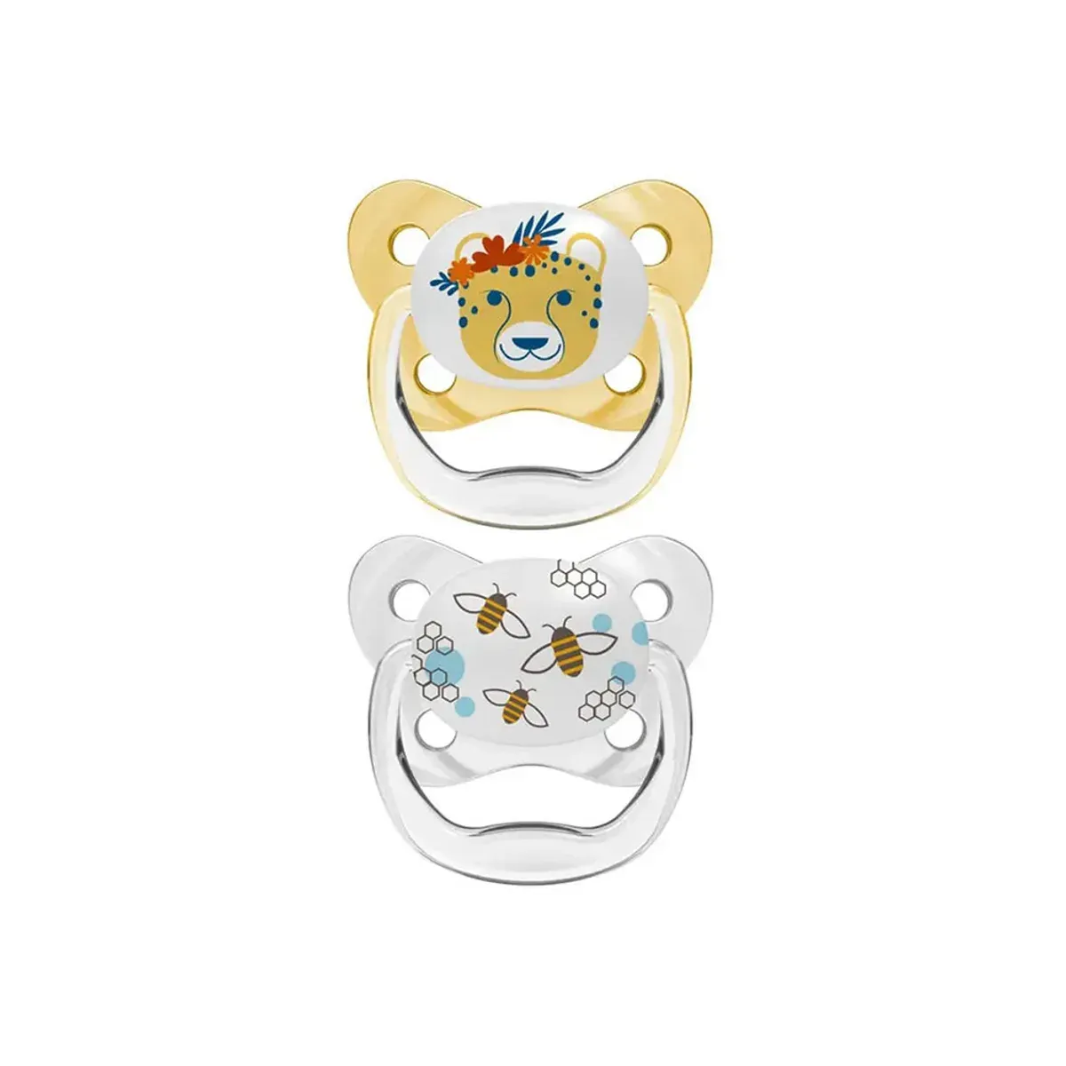 دو پستانک دکتر براونز PreVent Butterfly 6 تا 18 ماه بدون بسته، با طرح یوزپلنگ با تاج گل و زنبور عسل
