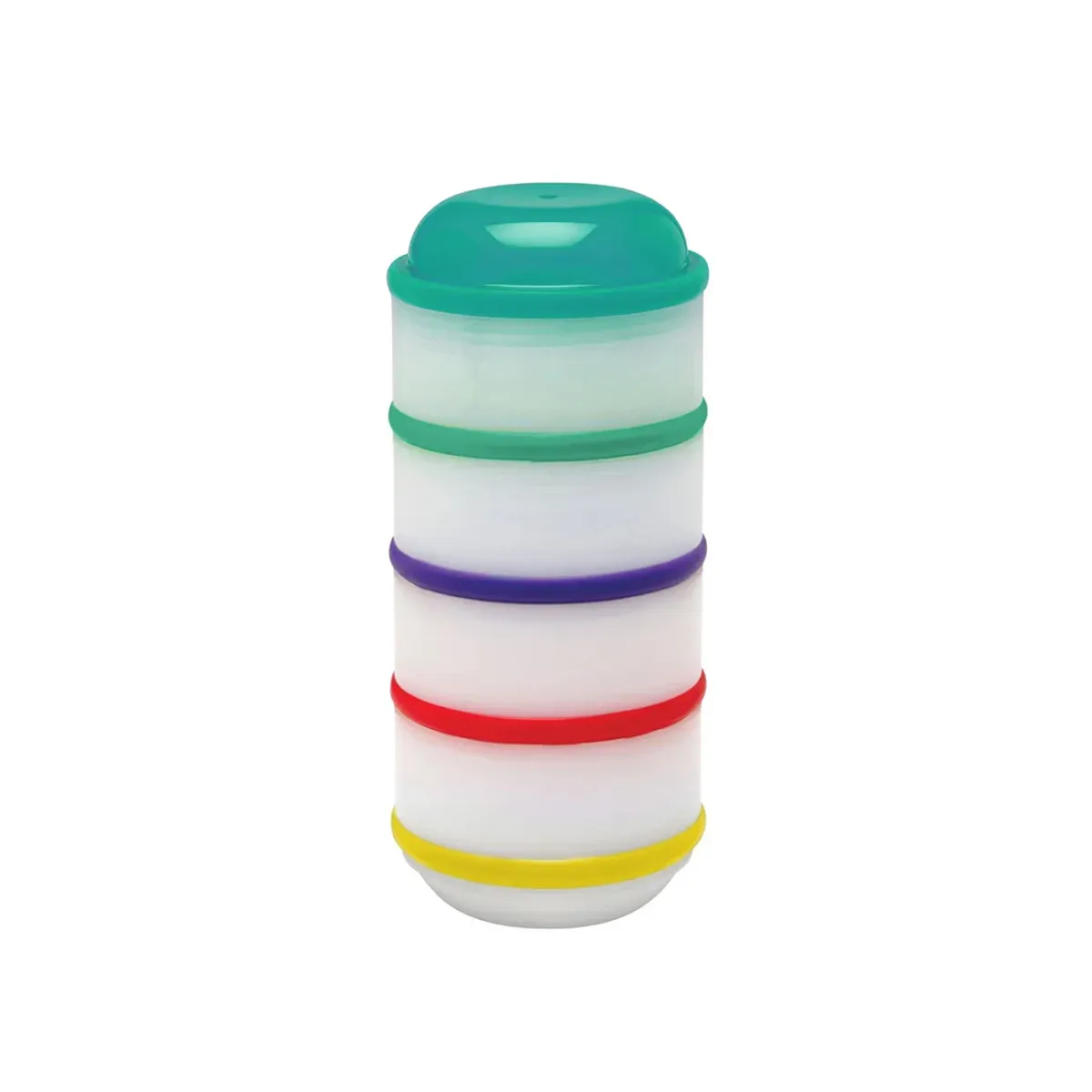 ستون ظرف‌های Snack-A-Pillar دکتر براونز روی هم با درپوش فیروزه‌ای و حلقه‌های رنگی، روی زمینه‌ی سفید
