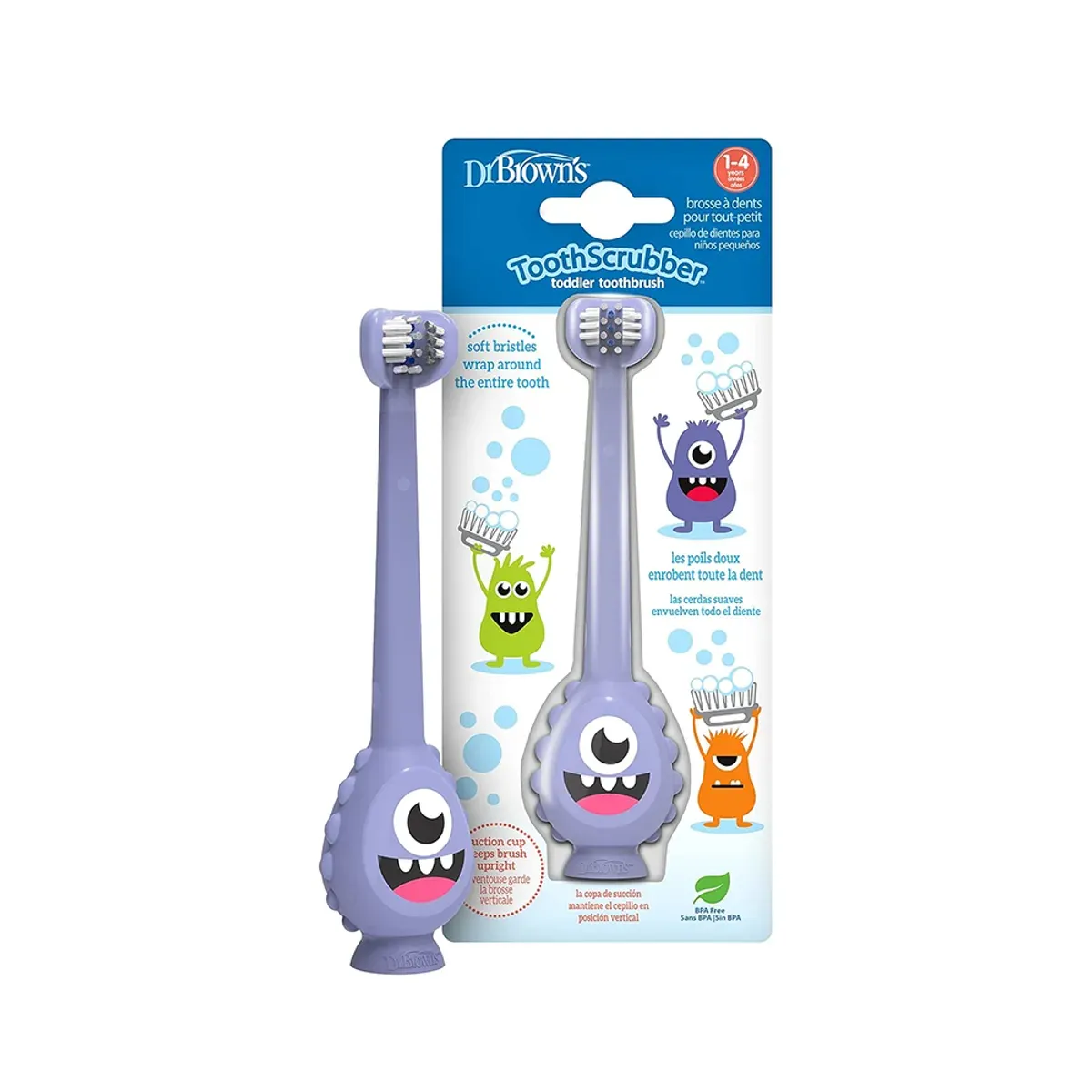 بسته‌ی مسواک نوپای ToothScrubber دکتر براونز با مسواک بنفش طرح هیولای تک‌چشم و پایه‌ی مکنده