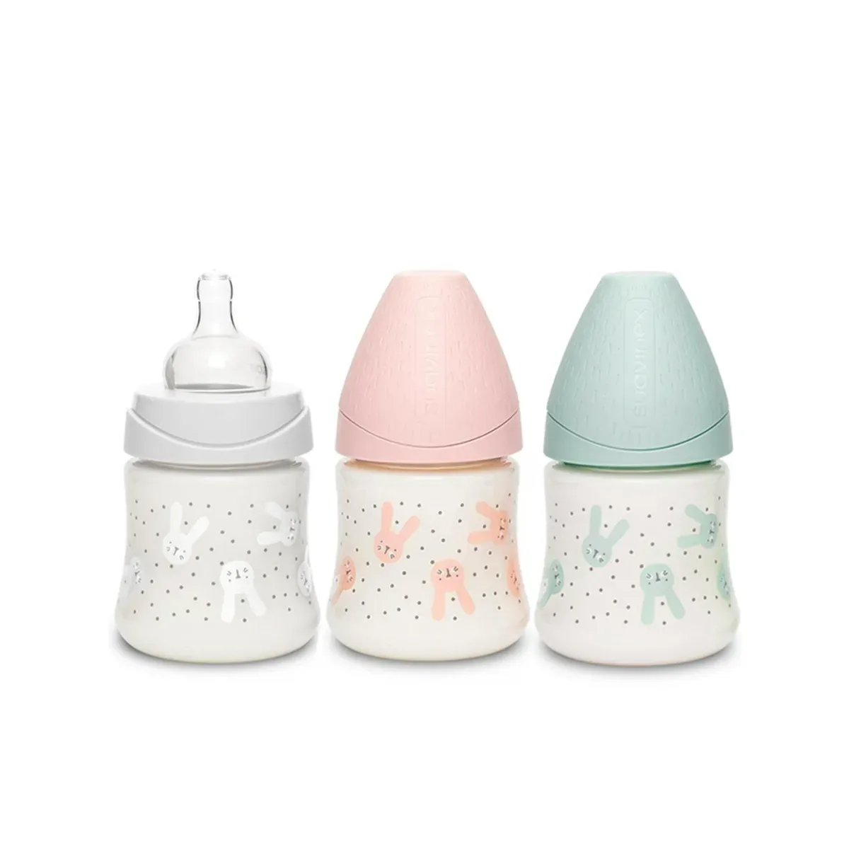 سه شیشه شیر پلی‌آمید 150 میلی‌لیتری سوآوینکس Hygge Baby با خرگوش و نقطه‌های ریز در رنگ‌های طوسی، صورتی و سبز