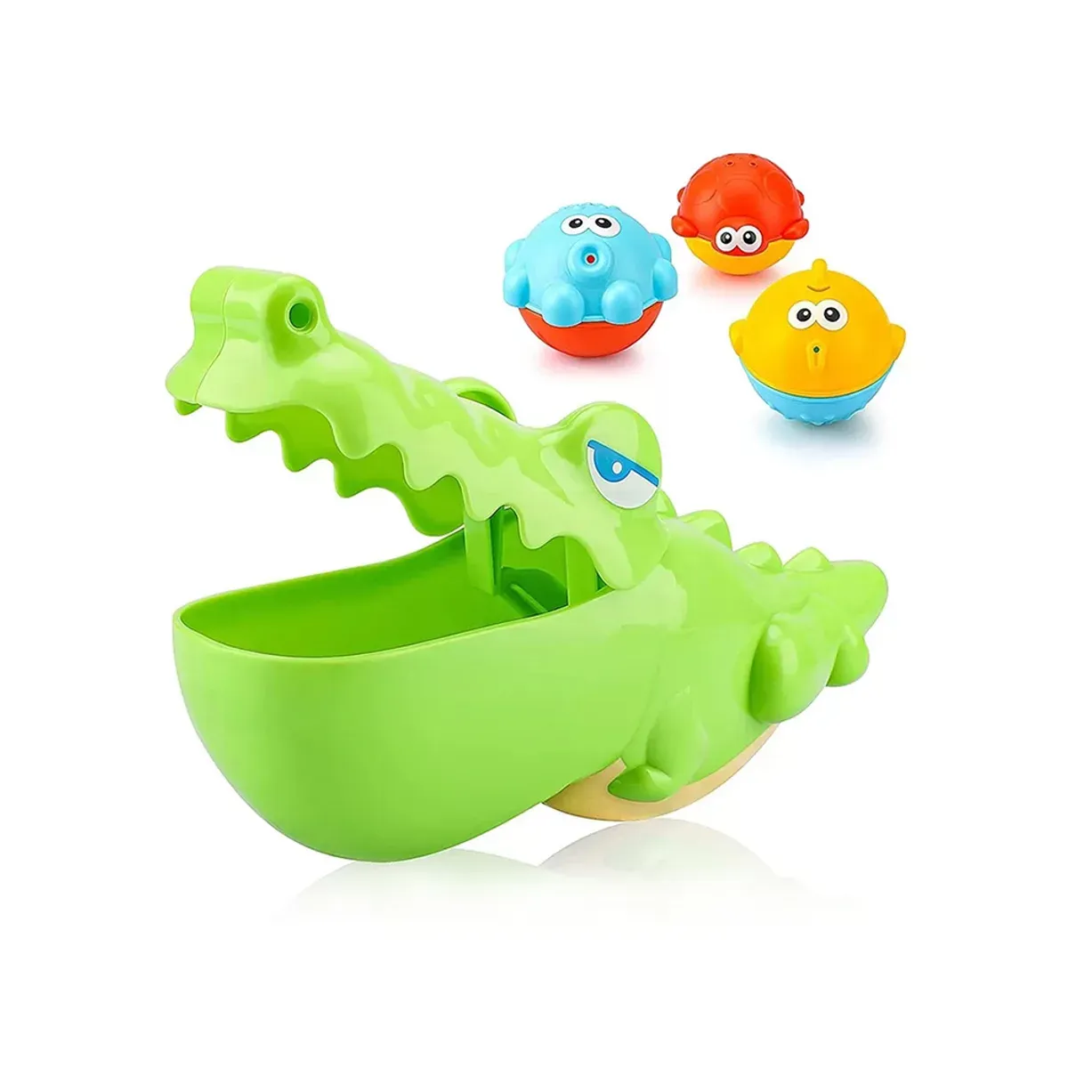 تمساح سبز هانگر با دهان باز و سه توپ رنگی حیوانی، نمای روبه‌رو