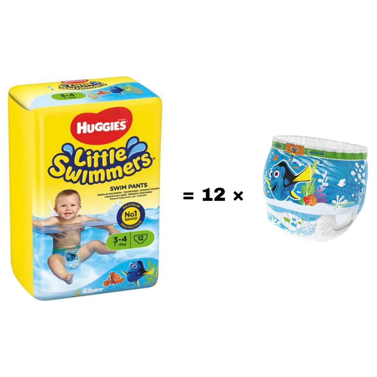 بسته‌ی 12 عددی هاگیز Little Swimmers سایز 3-4 کنار یک پوشک شنای آبی با طرح ماهی دوری