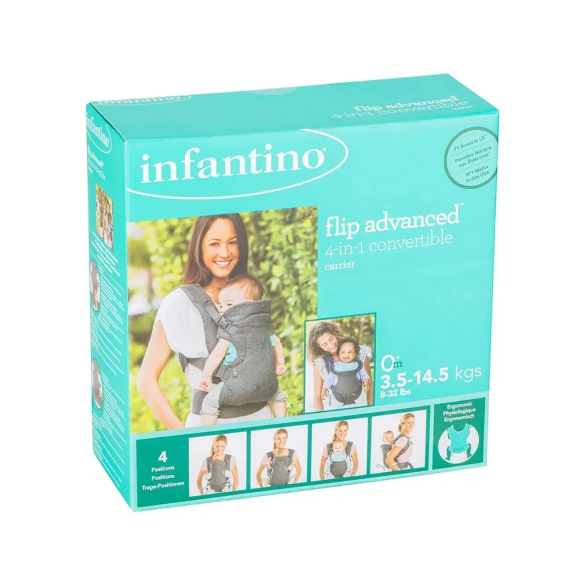 جعبه‌ی آغوشی 4 حالته Flip Advanced اینفنتینو، فیروزه‌ای با نشان وزن 3.5 تا 14.5 کیلوگرم