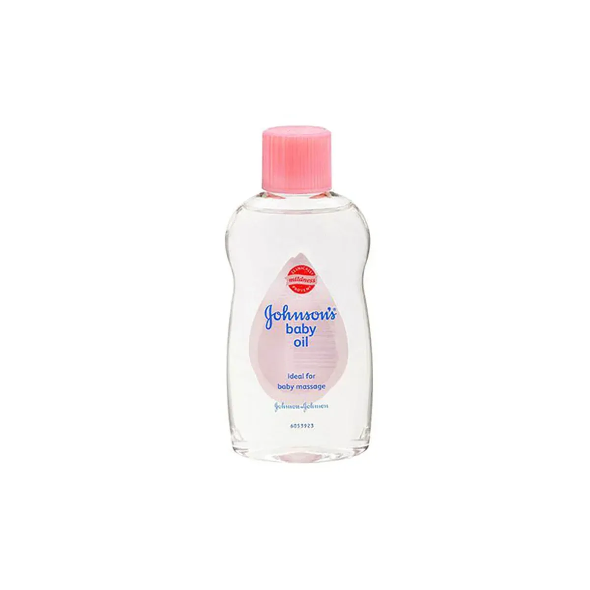 بطری شفاف روغن کودک جانسون با درپوش صورتی و برچسب «ideal for baby massage»، نمای روبه‌رو