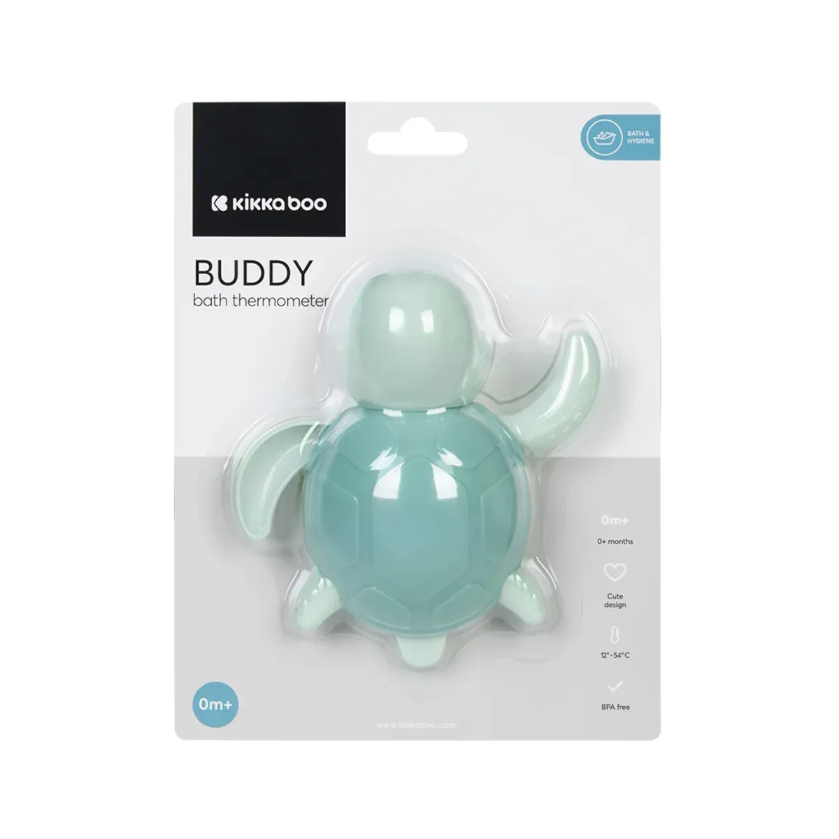 بسته‌بندی دماسنج حمام کیکابو Buddy رنگ سبز نعنایی با نوشته‌ی بازه‌ی دمایی 12 تا 54 درجه