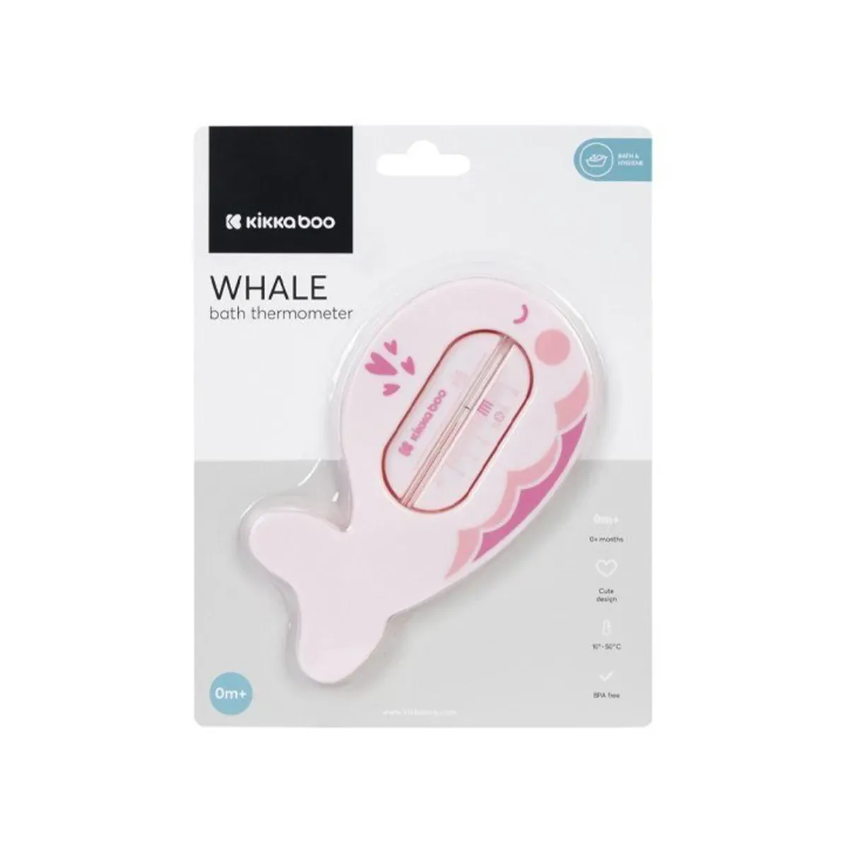 بسته‌بندی دماسنج حمام کیکابو Whale رنگ صورتی با نوشته‌ی بازه‌ی دمایی 10 تا 50 درجه