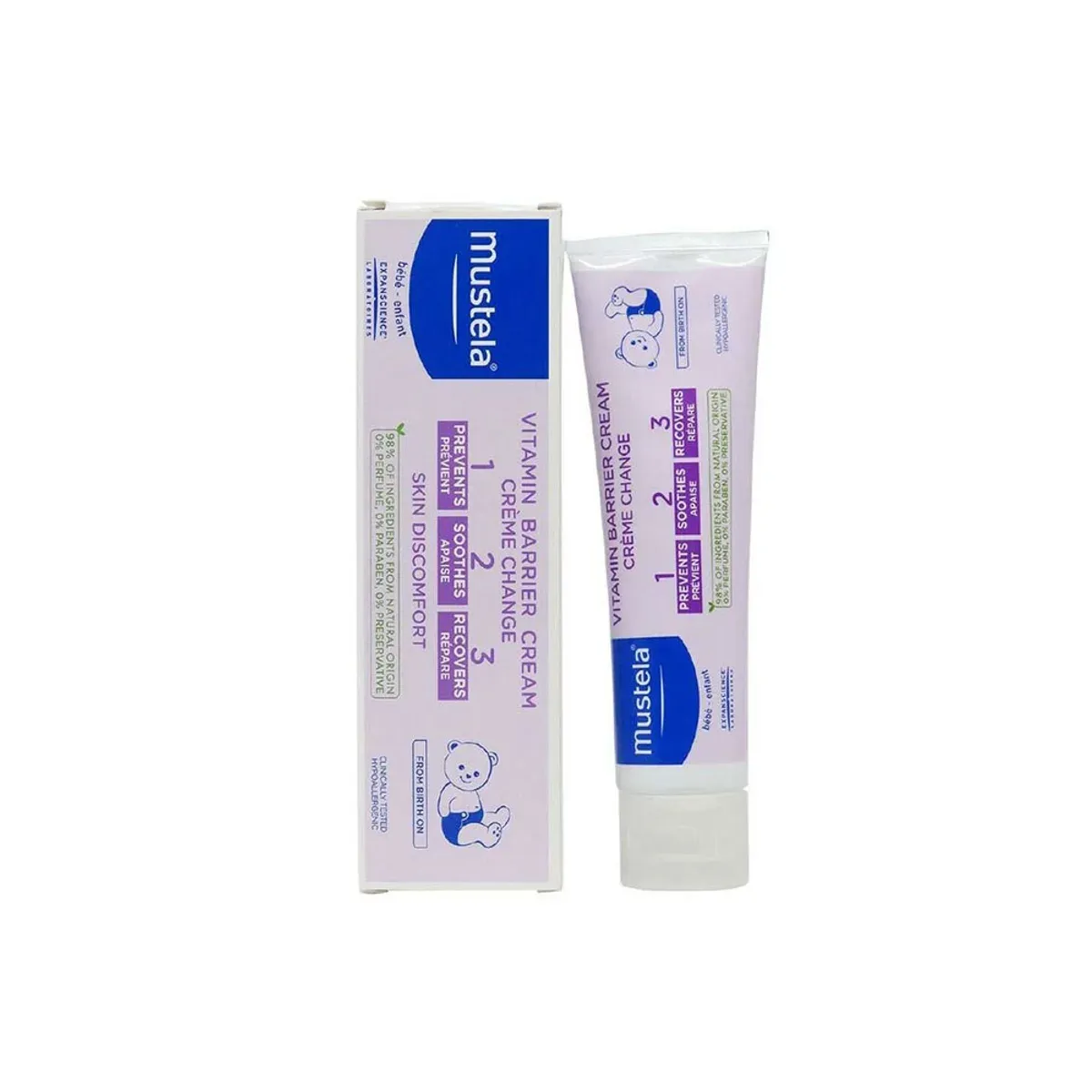 جعبه و تیوب کرم ناحیه‌ی پوشک موستلا Vitamin Barrier Cream 1 2 3 با رنگ بنفش و سفید، نمای روبه‌رو