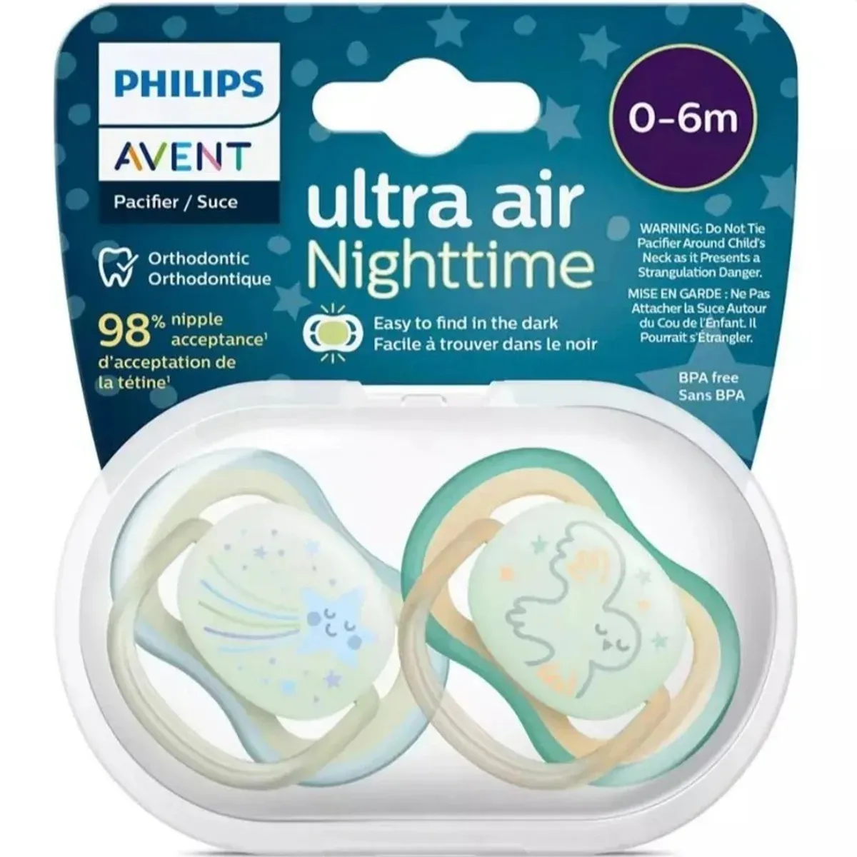 بلیستر پستانک Ultra Air Nighttime فیلیپس اونت 0 تا 6 ماه با دو پستانک و جعبه‌ی استریل‌کننده