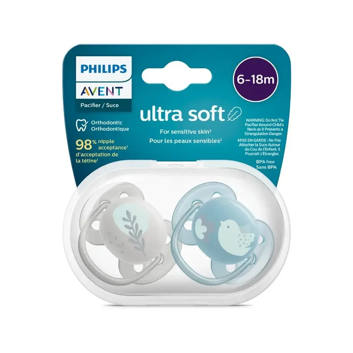 بسته‌بندی پستانک فیلیپس اونت Ultra Soft 6 تا 18 ماه با کیس شفاف و دو پستانک آبی و خاکستری