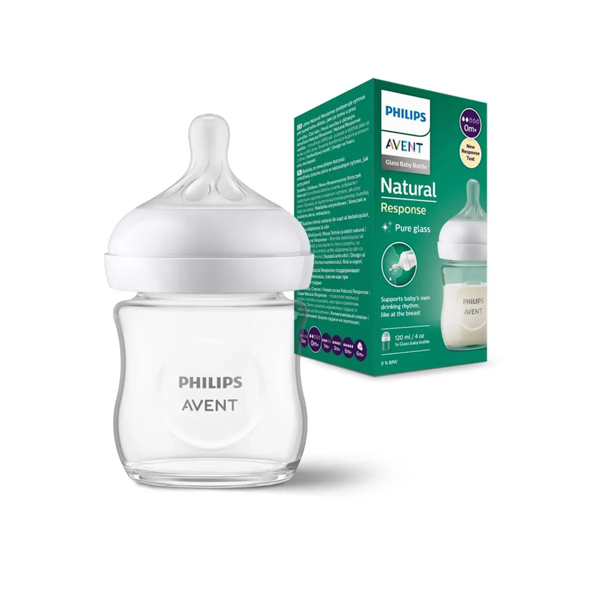 شیشه شیر شیشهای فیلیپس اونت Natural Response 120 میلیلیتر کنار جعبهی سبز